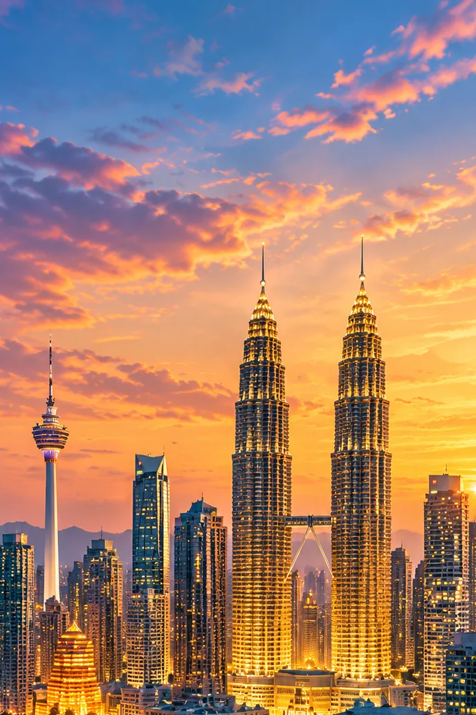 Illustration of the Kuala Lumpur skyline with the Petronas Twin Towers and KL Tower at dusk