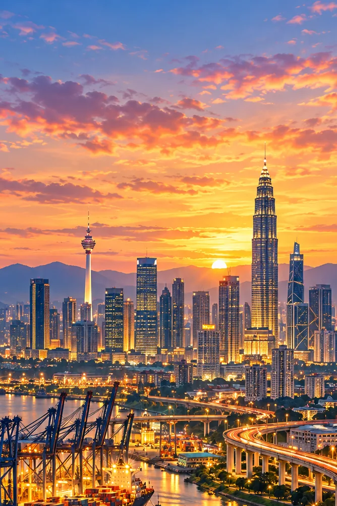 Illustration of the Port Klang container terminal and the Kuala Lumpur skyline at dusk