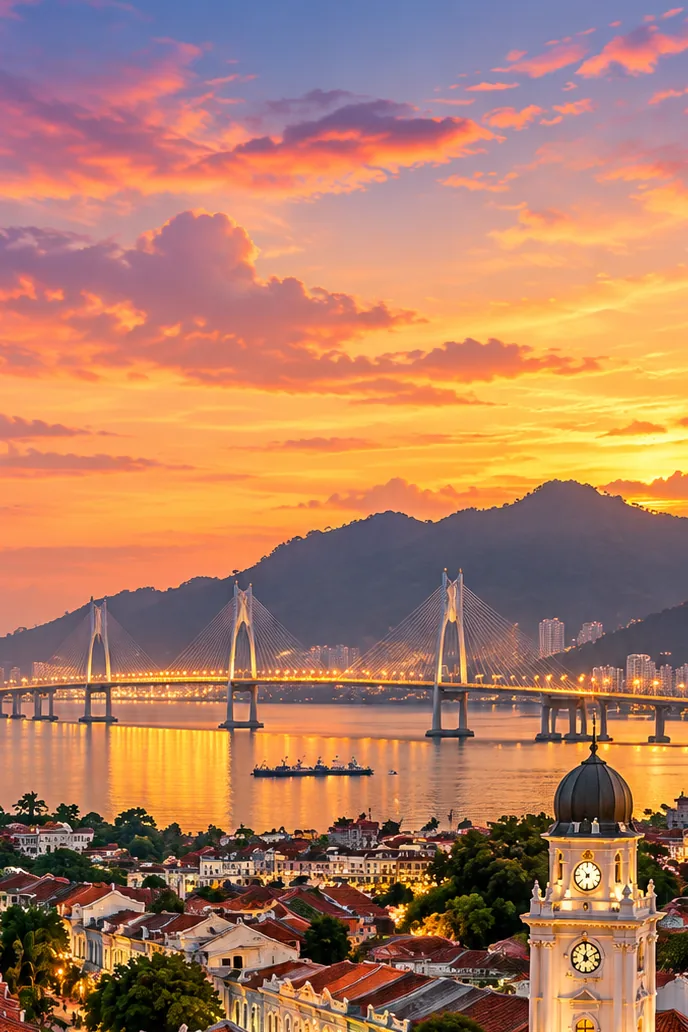 Illustration of George Town shophouses, the Queen Victoria Memorial Clock Tower and the Penang Bridge