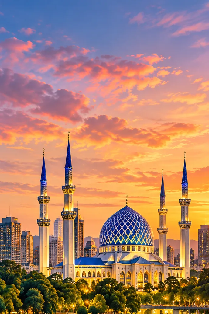 Illustration of the Sultan Salahuddin Abdul Aziz Shah Mosque (Blue Mosque) in Shah Alam, Selangor, by the lake at dusk