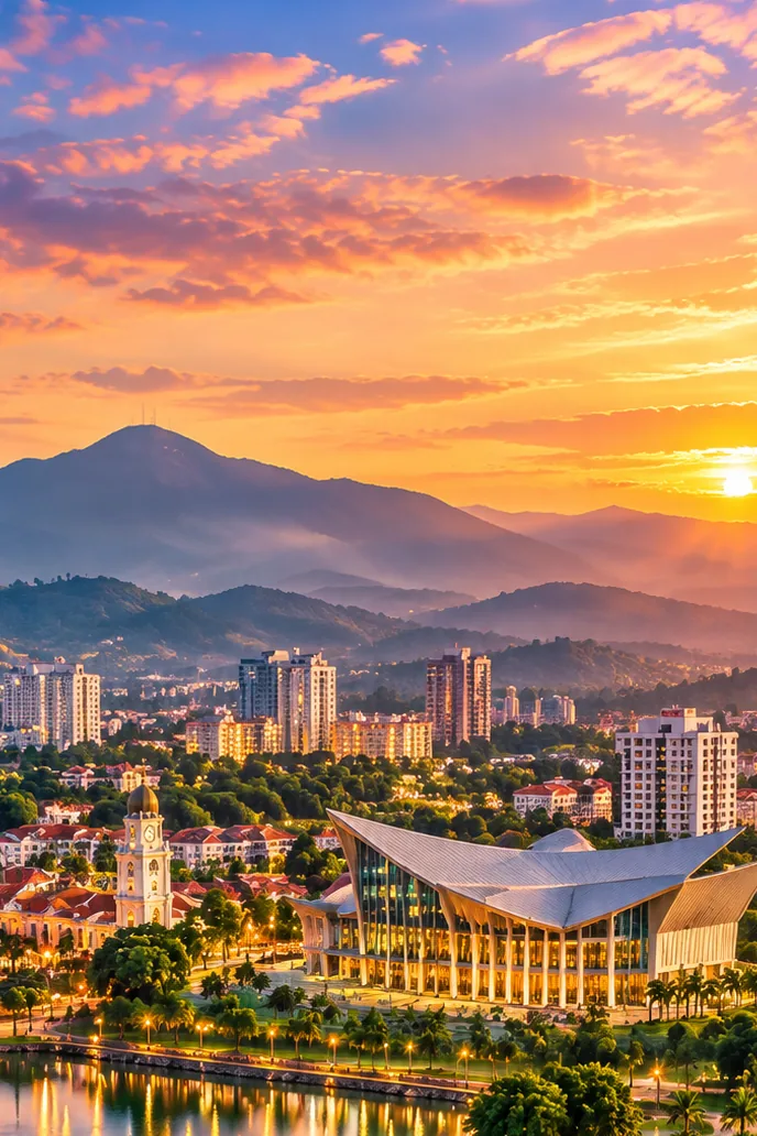 Illustration of Seremban at dusk with hills, a clock tower and a lakeside city